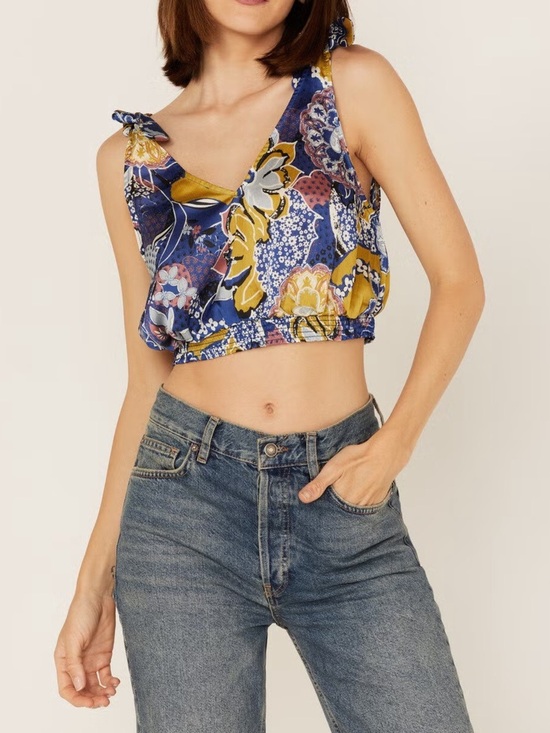 Tops - Free People Montauk Floral Print Cropped Tank Top Blue Boho Size M